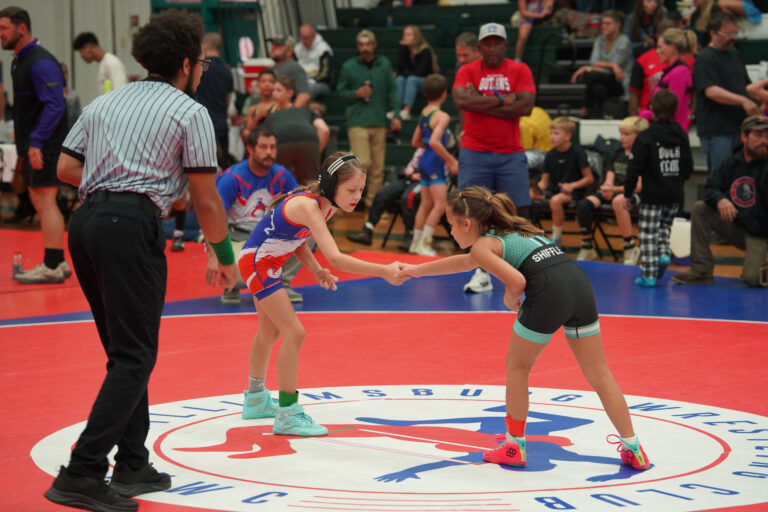 Two wrestlers shake hands before a match